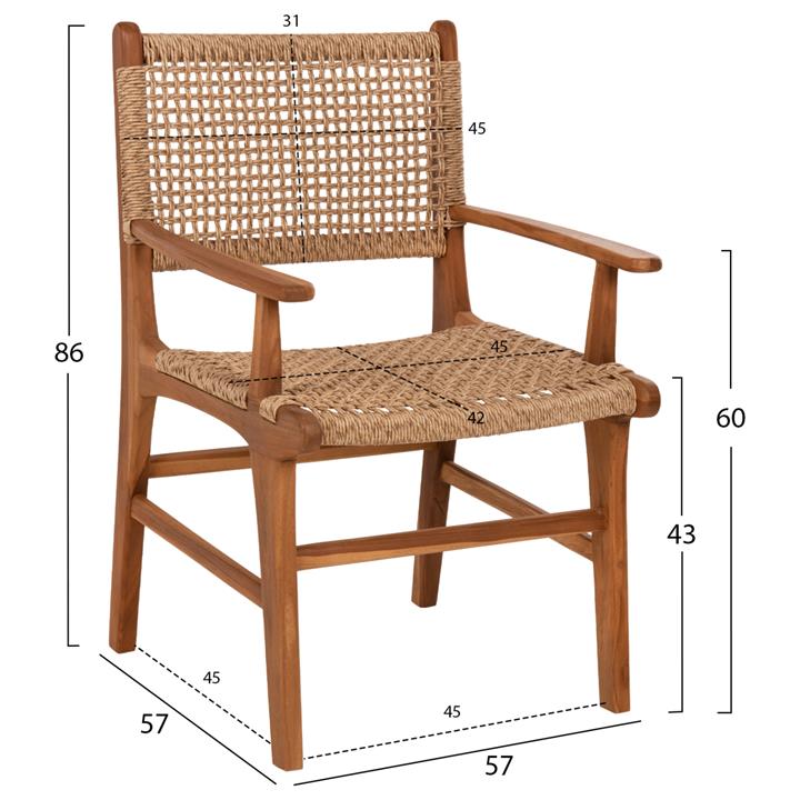 ARMCHAIR ΗΜ9786 SOLID TEAK NATURAL COLOR KNITTED RATTAN ROPE 57Χ57Χ86Hcm.
