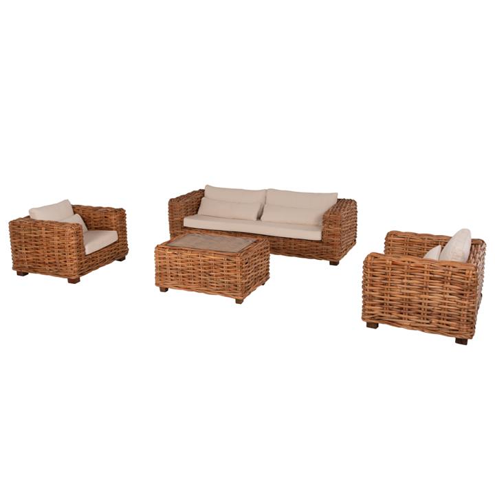 OUTDOOR LOUNGE SET 4PCS TROPEL HM9656 NATURAL RATTAN-MAHOGANY WOOD-WHITE CUSHIONS