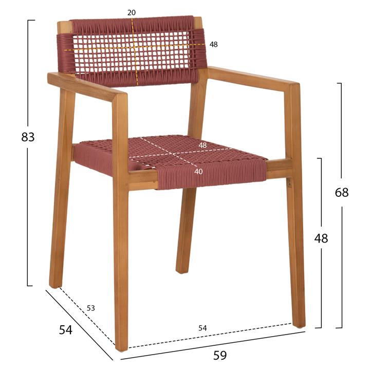 ARMCHAIR CHARLOTTE HM9637.06 TEAK WOOD IN NATURAL & PINK ROPE 59x54x83Hcm.