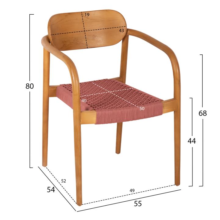 ARMCHAIR OSLO HM9636.06 TEAK WOOD IN NATURAL & PINK ROPE 55x54x80Hcm.