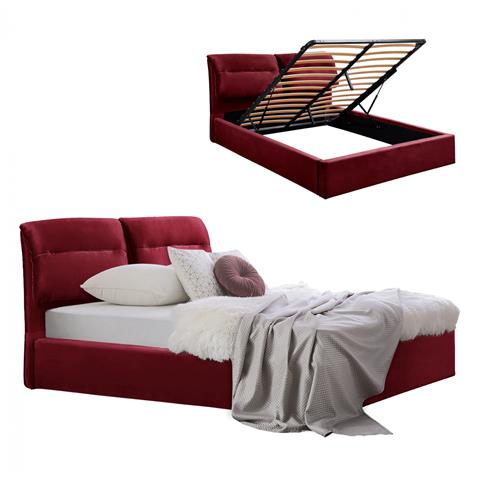 HM565.06 Bed KENDRA, Velvet Red Burgundy, Storage Space, 160x200