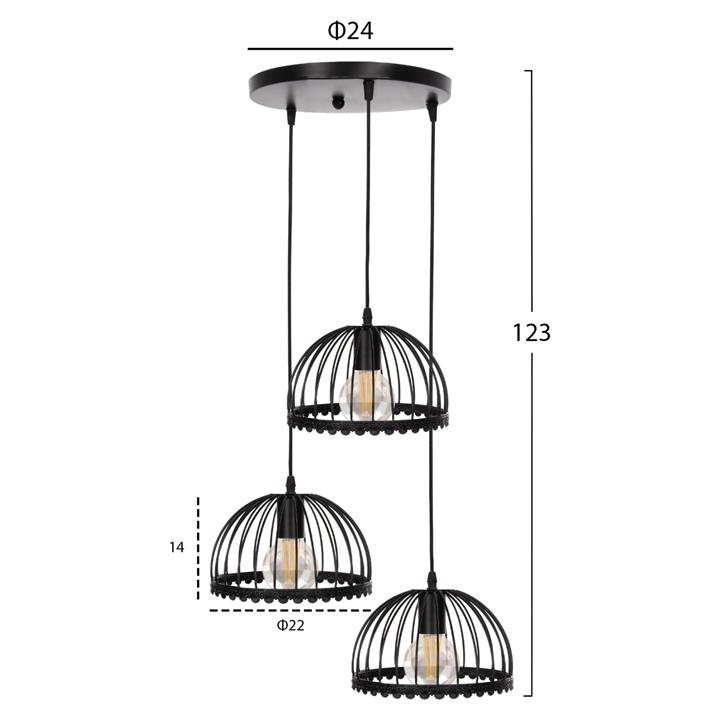 CEILING PENDANT LAMP HM4086 3-LIGHT BLACK METAL CAPS LIKE UMBRELLAS Φ22x123Hcm.