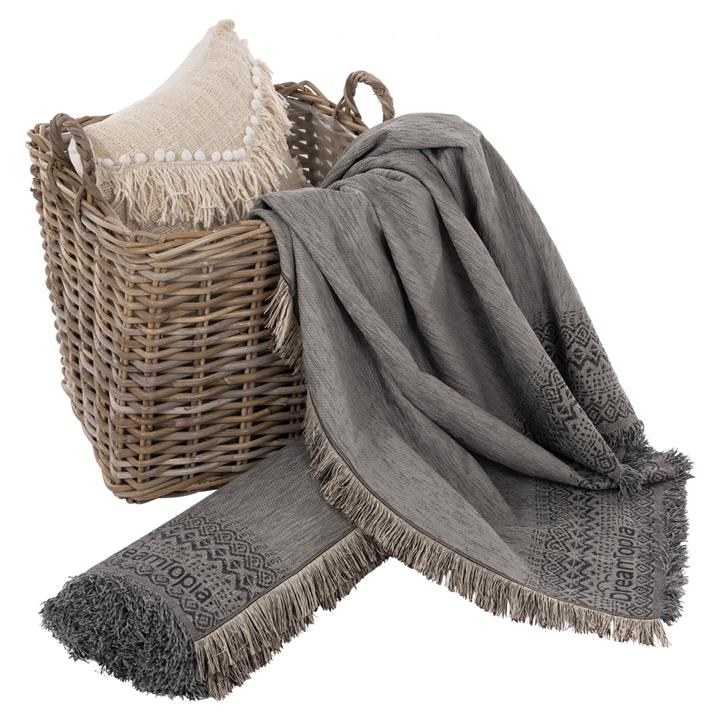 SOFA COVER-THROW WITH FRINGES DREAMTOPIA HM12164.05 IN GREY COLOR 178X178cm.
