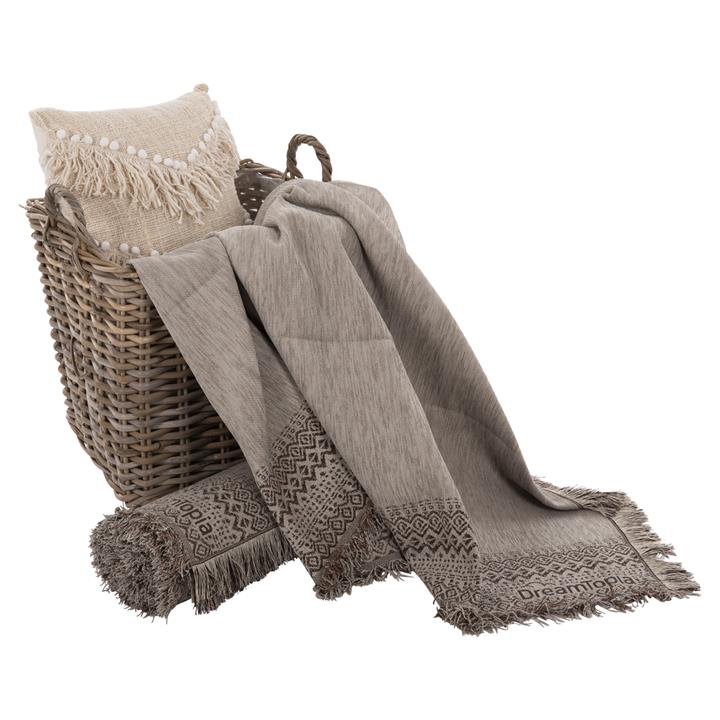 SOFA COVER-THROW WITH FRINGES DREAMTOPIA HM12164.06 IN LIGHT GREY COLOR 178X178cm.