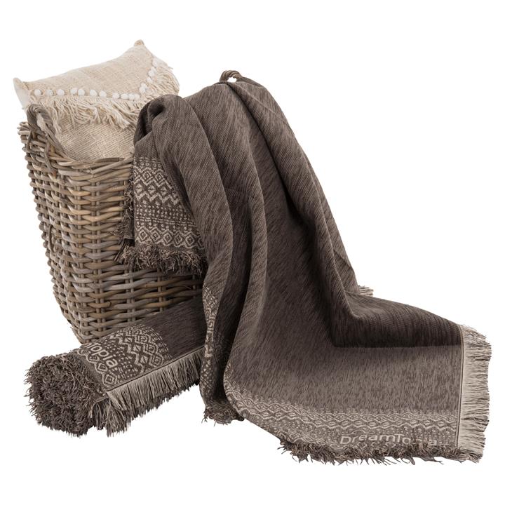 SOFA COVER-THROW WITH FRINGES DREAMTOPIA HM12165.04 IN BROWN COLOR 295X170cm.