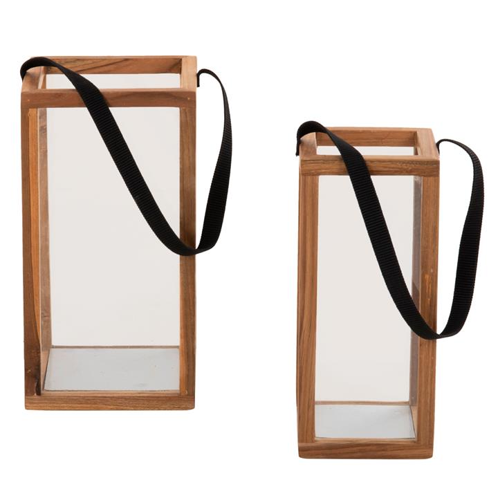 LANTERNS FOR CANDLES WITH NYLON HANDLES AND GLASS HM4280 TEAK WOOD IN NATURAL 21x21x40-70H cm.
