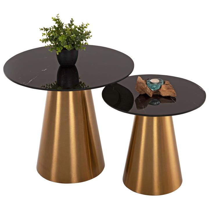 SIDE TABLES 2PCS RENGI HM9665 METAL IN GOLD-BLACK CERAMIC TOP Φ56&Φ43 cm.
