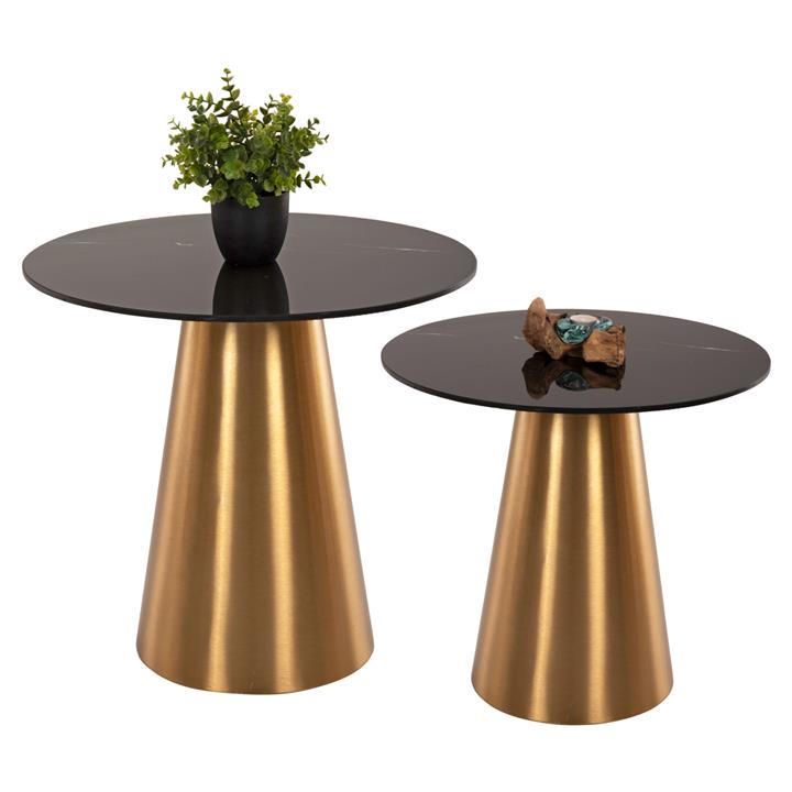 SIDE TABLES 2PCS RENGI HM9665 METAL IN GOLD-BLACK CERAMIC TOP Φ56&Φ43 cm.