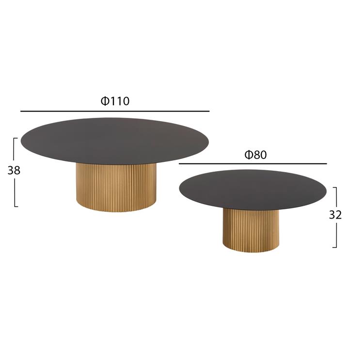 COFFEE TABLES 2PCS CLAD HM11916 METAL IN GOLD-BLACK TOP Φ110x38H & Φ80x32H cm.
