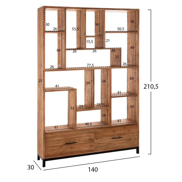 BOOKCASE ROMULUS HM9803 RECYCLED TEAK WOOD-2 DRAWERS 140x30x210,5Hcm.
