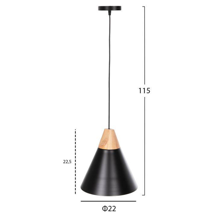 CEILING PENDANT LUMINAIRE HM4148 BLACK METAL CAP-WOOD DETAIL Φ22x115Hcm.