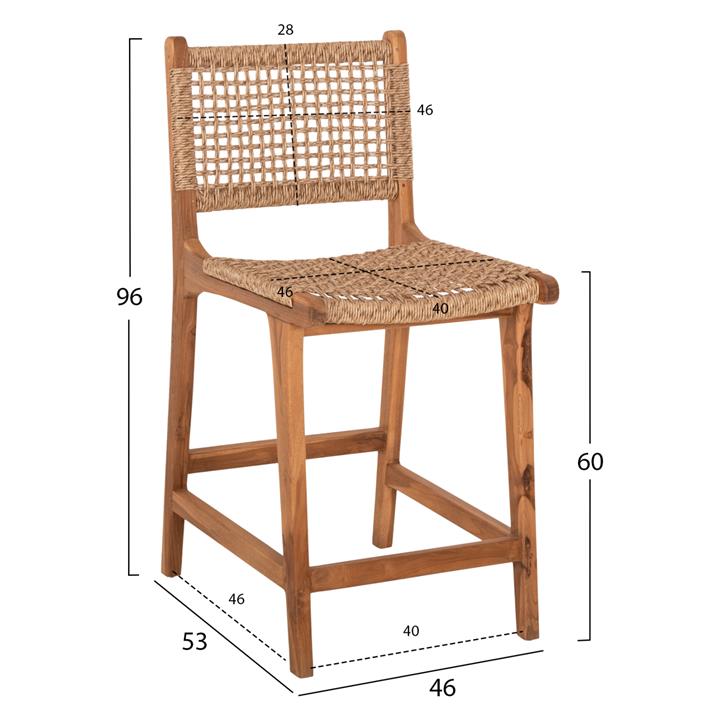 BAR STOOL WITH BACKREST BORIS HM9381.11 TEAK WOOD & VIRO ROPE 46x53x96 cm.