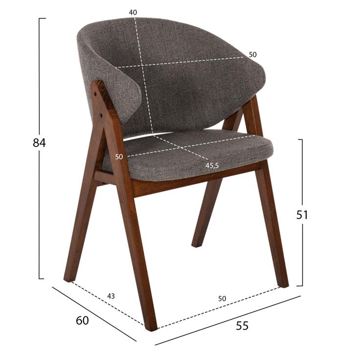 DINING CHAIR HANA HM9746.02 RUBBERWOOD IN WALNUT-FABRIC IN GREY 55x60x84Hcm.