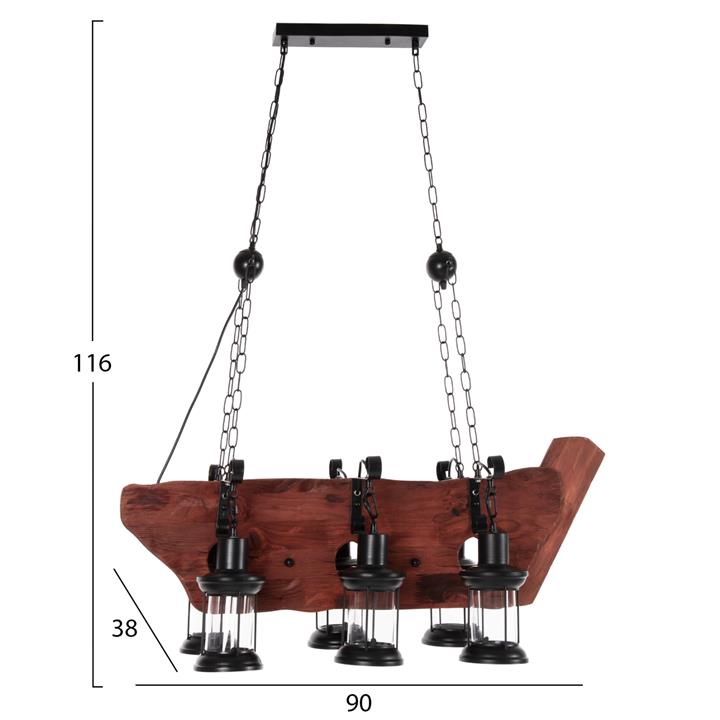 CEILING PENDANT 6-LIGHT FIXTURE HM4117 WOOD-METAL-GLASS 116Hcm.