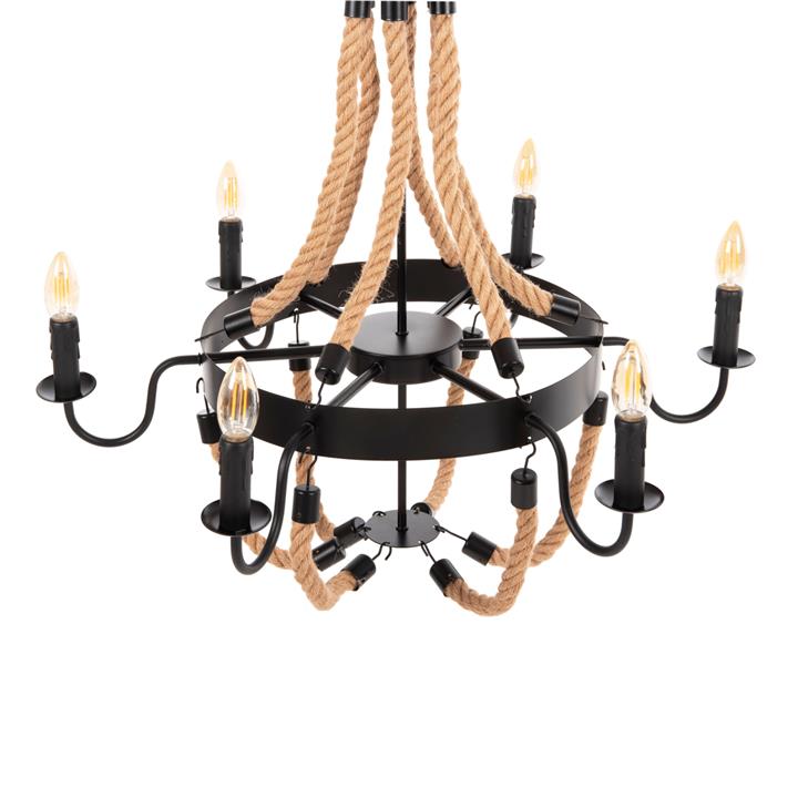 CEILING PENDANT FIXTURE HM4177 6-LIGHT WITH ROPE AND BLACK METAL 74x74x123Hcm.