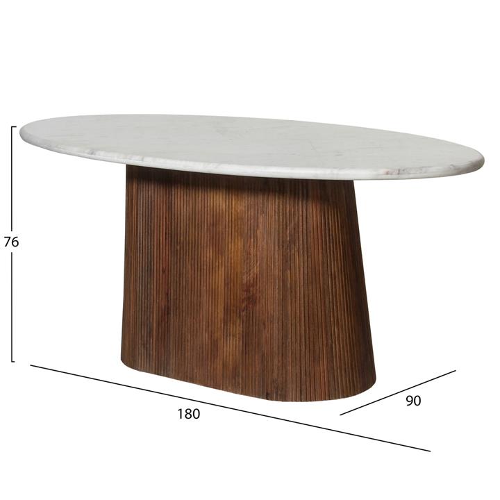 DINING TABLE OVAL PURGER HM9715 SOLID MANGO WOOD-WHITE MARBLE 180x90x76Hcm.