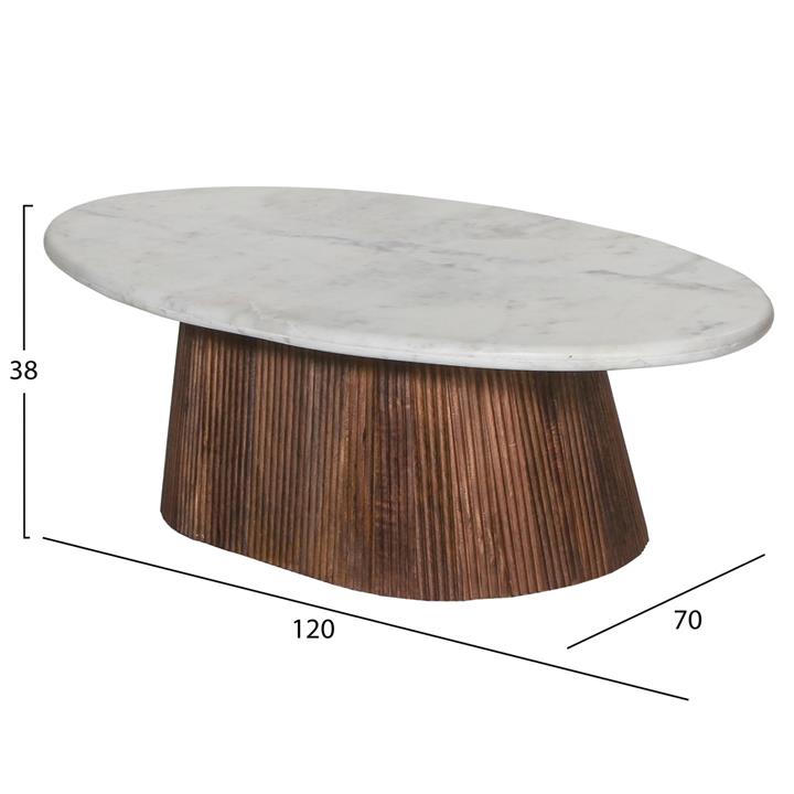 COFFEE TABLE OVAL PURGER HM9716 SOLID MANGO-WHITE MARBLE 120x70x38Hcm.