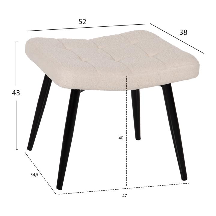 ARMCHAIR CRAWLEY WITH FOOTSTOOL HM8918.25 WHITE BOUCLE FABRIC-BLACK METAL LEGS 70x74x105Hcm.