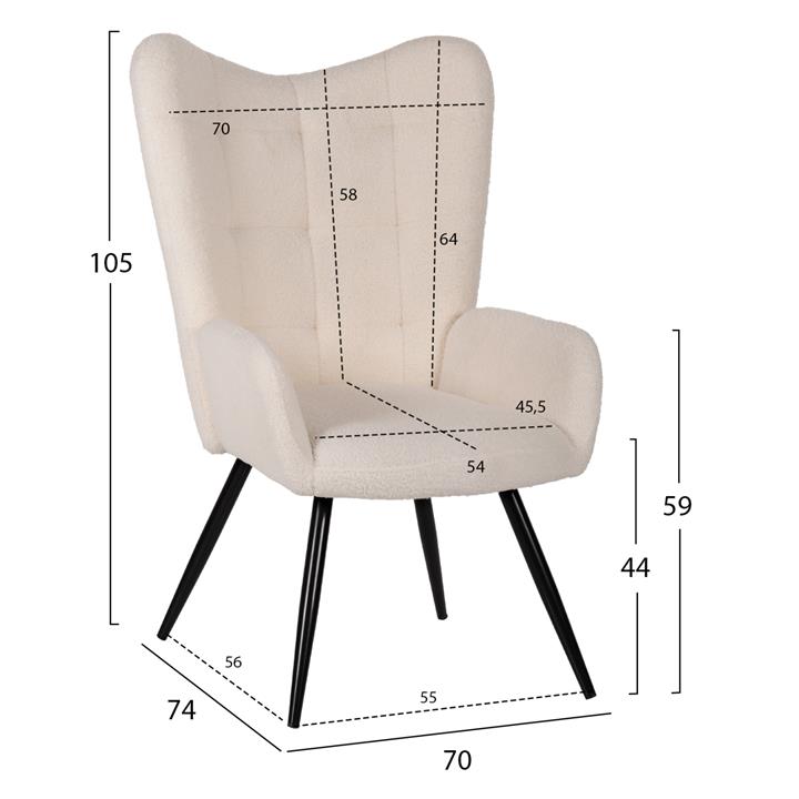 ARMCHAIR CRAWLEY WITH FOOTSTOOL HM8918.25 WHITE BOUCLE FABRIC-BLACK METAL LEGS 70x74x105Hcm.