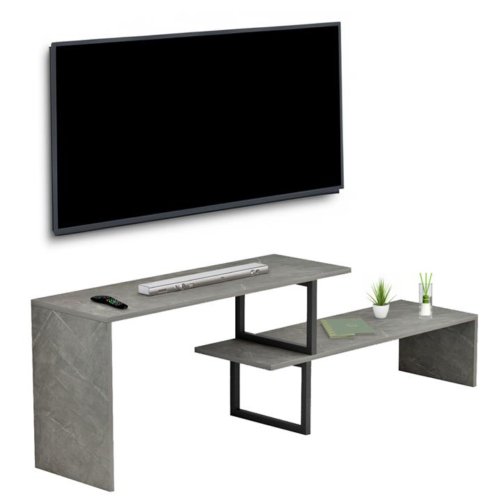 TV FURNITURE EXPANDABLE BRIGGITE HM8892.11 MELAMINE IN GREY STONE TEXTURE -BLACK METAL LEGS 110-160x30x45Hcm.