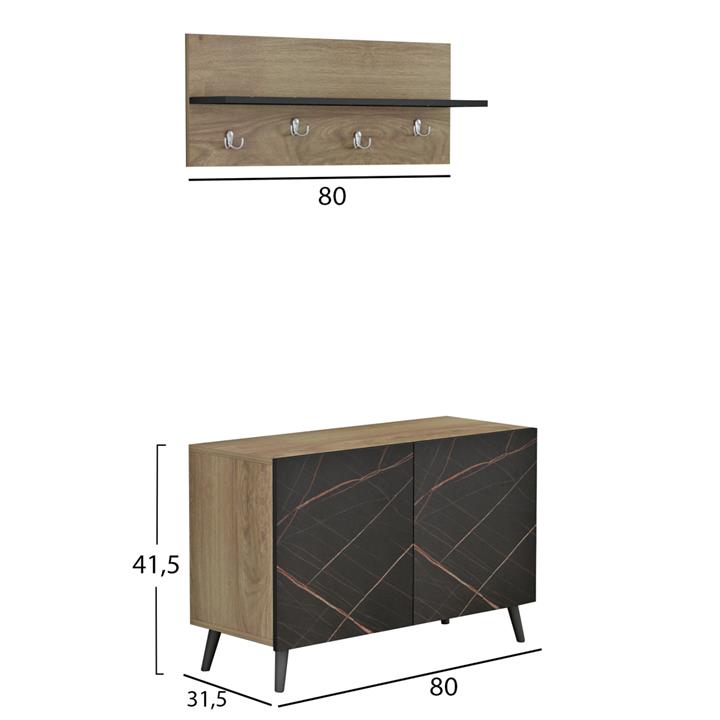 ENTRYWAY FURNITURE SET DELPHINE HM8876.12 MELAMINE IN BLACK MARBLE-NATURAL WOOD 80x31,3x41,5Hcm.