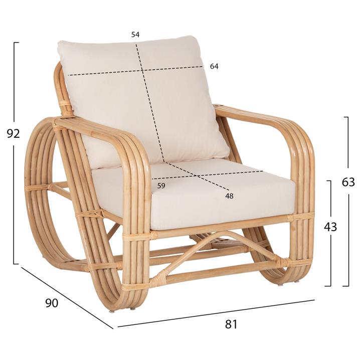 ARMCHAIR BARONESS HM9813 NATURAL RATTAN AND WHITE CUSHIONS 81x90x92Hcm.