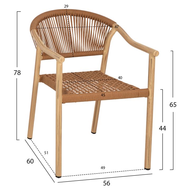 ARMCHAIR KERLY HM6050 OAK WOOD COLORED ALUMINUM-COPPER COLORED P.E. RATTAN 56x60x78Hcm.