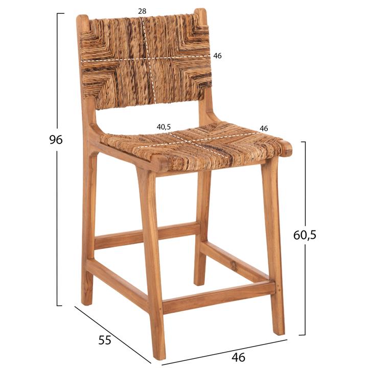 BAR STOOL WALTER HM9842 TEAK WOOD IN NATURAL-RUSH MATT 46x55x96Hcm.
