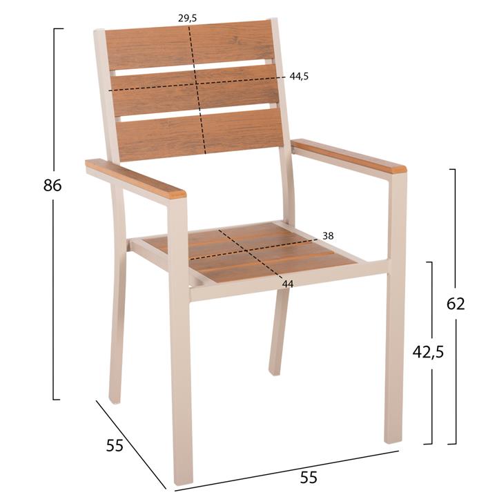 ALUMINUM ARMCHAIR SAGA HM5981.04 CHAMPAGNE-POLYWOOD IN  NATURAL 55x55x86Hcm.