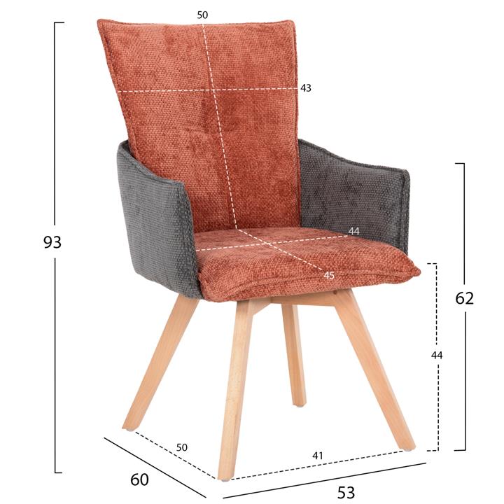 DINING ARMCHAIR REX HM9847.06 BRICK RED-GREY FABRIC-BEECH WOOD LEGS 53x60x93Hcm.