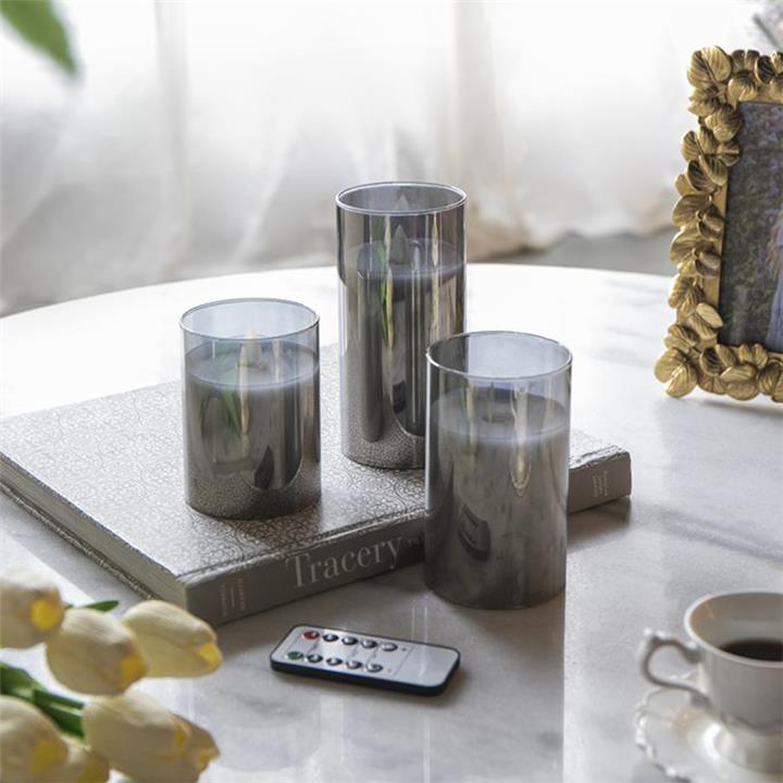 Artekko Κεριά φουμέ γυαλί-κερί-φλόγα Led  ΣΕΤ/3 με τηλεχειριστήριο 7.6 X 7.6 X 15.2cm