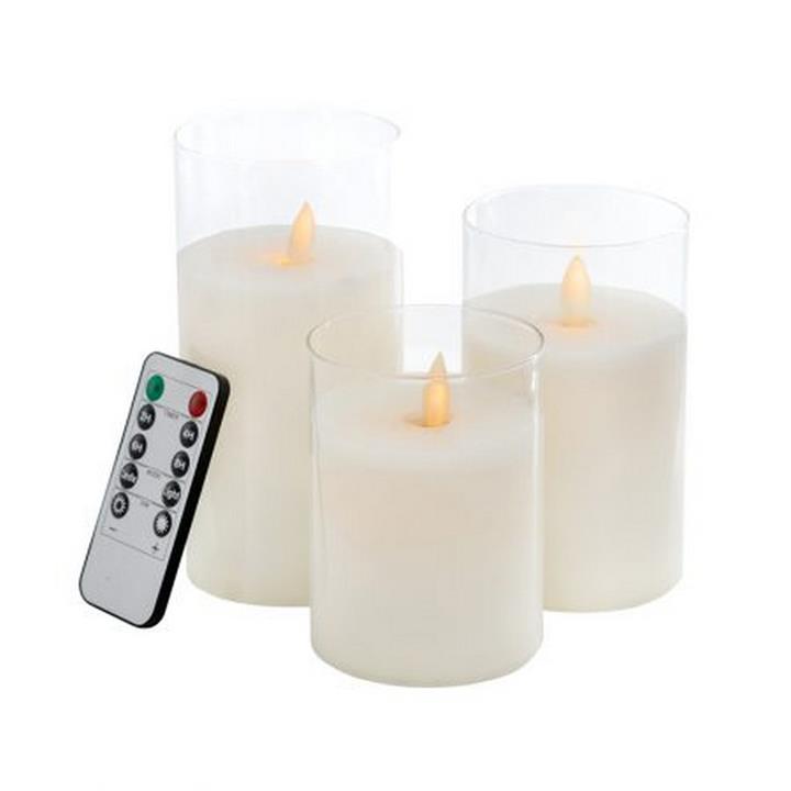 Artekko Candle Κεριά Led με Τηλεχειριστήριο Γυαλί/Κερί Λευκό (7.6x7.6x15.2)cm ΣΕΤ/3