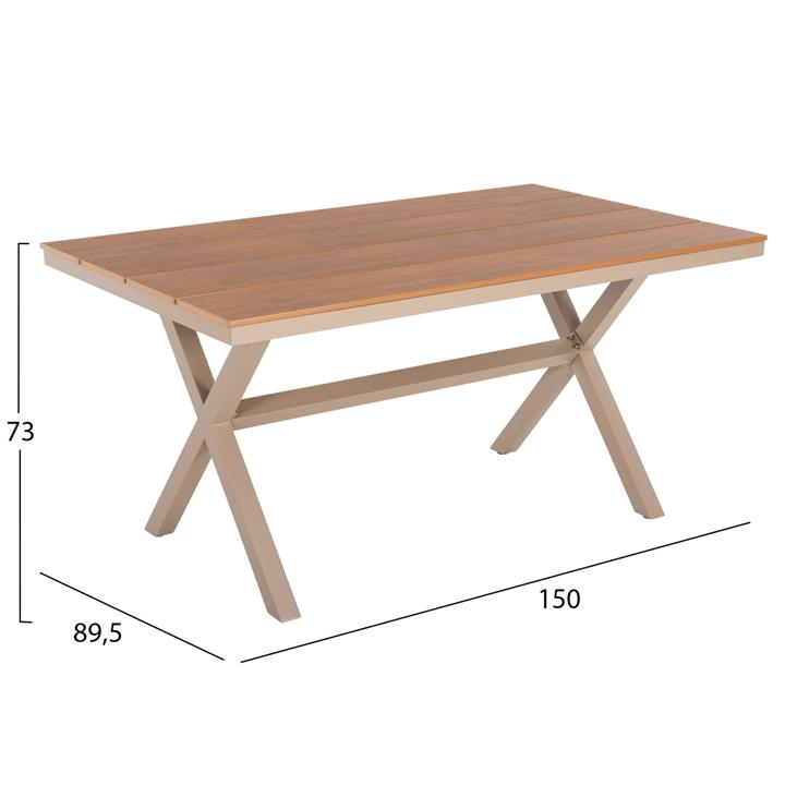 ALUMINUM RECTANGULAR TABLE TAWNEE HM6037.04 CHAMPAGNE COLOR-POLYWOOD IN NATURAL WOOD 150x89,5x73H