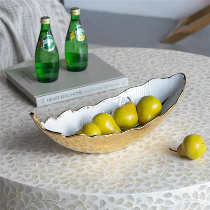 Artekko Leaf Bowl  Πιατέλα/Μπολ Διακοσμητικό Φύλλο Κεραμίκο Λευκό/Χρυσό (47x18x15.5)cm