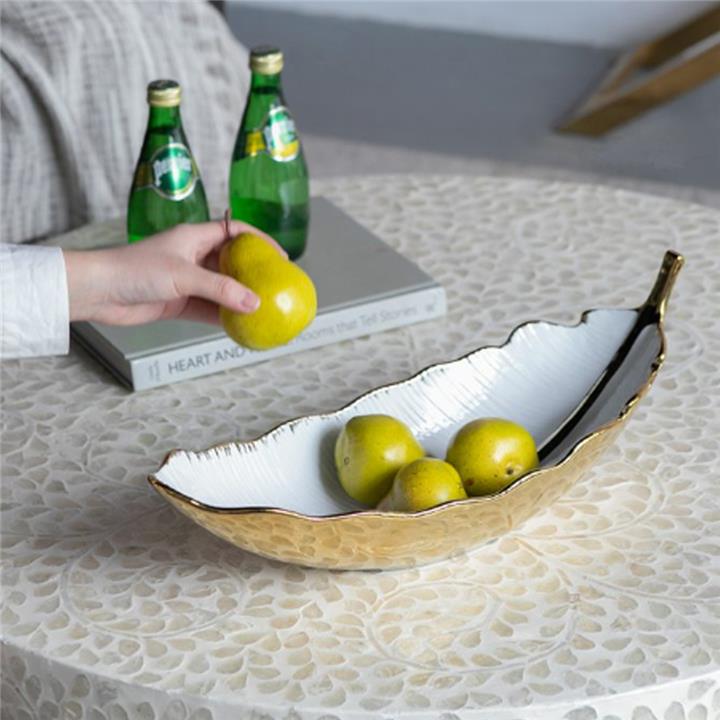 Artekko Leaf Bowl  Πιατέλα/Μπολ Διακοσμητικό Φύλλο Κεραμίκο Λευκό/Χρυσό (47x18x15.5)cm