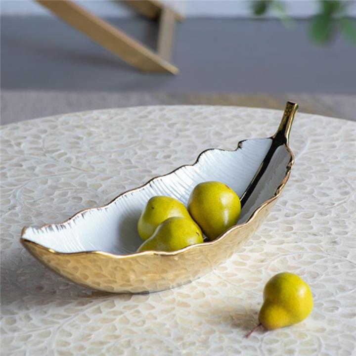 Artekko Leaf Bowl  Πιατέλα/Μπολ Διακοσμητικό Φύλλο Κεραμίκο Λευκό/Χρυσό (47x18x15.5)cm