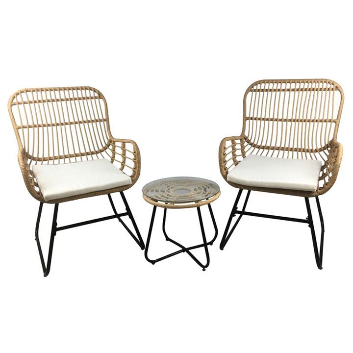 SALSA Yard Set: Τραπέζι + 2 Πολυθρόνες, Μέταλλο Μαύρο, Wicker Φυσικό, Μαξιλάρια Εκρού