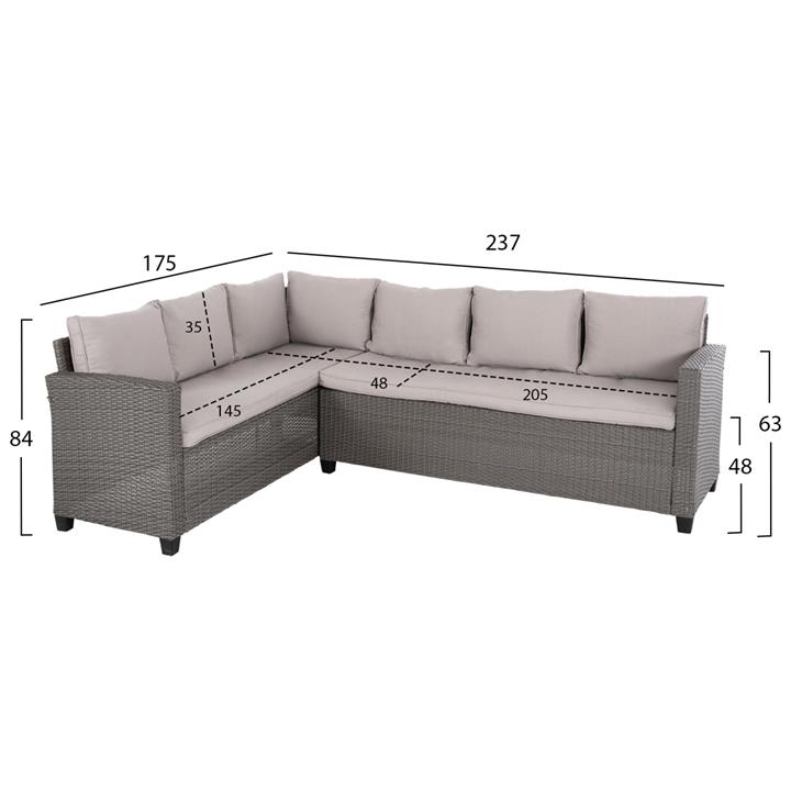 OUTDOOR LOUNGE SET RIGHT CORNER SOFA&TABLE CARSON HM6078.01 GREY SYNTHETIC RATTAN-CUSHIONS-PS WOOD