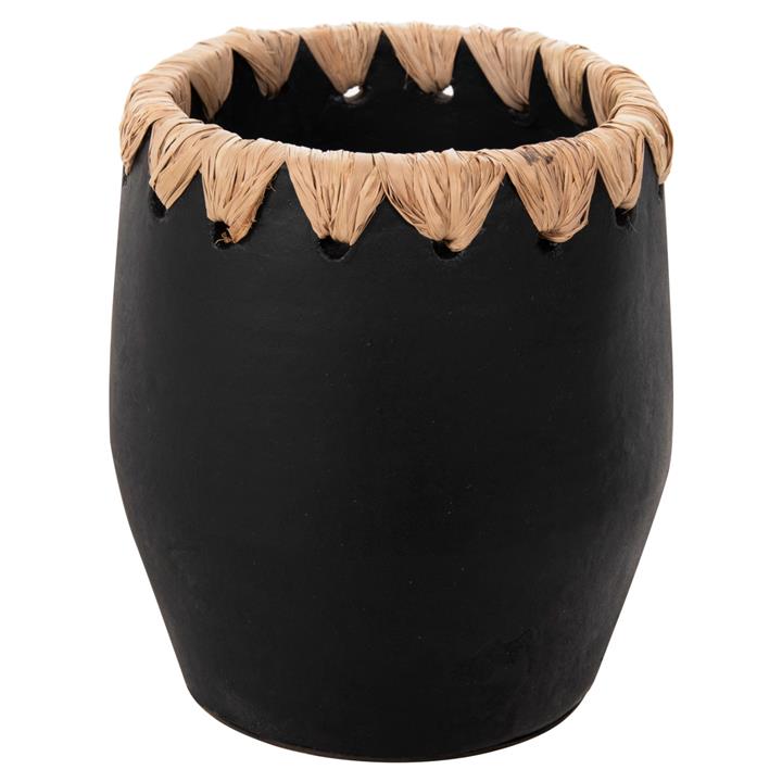 DECORATIVE VASE HM4368 TERRACOTTA IN BLACK WITH STRAW WEAVING ON THE RIM Φ13x16Hcm.
