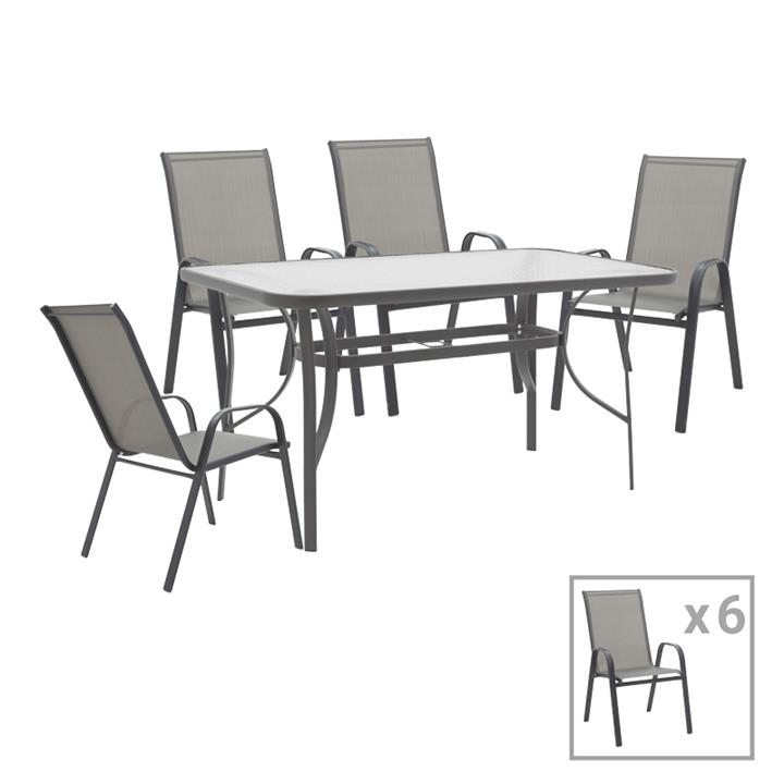 Dining table Calan-Ensure pakoworld set of 7 dark anthracite metal and anthracite textilene 140x80x70cm
