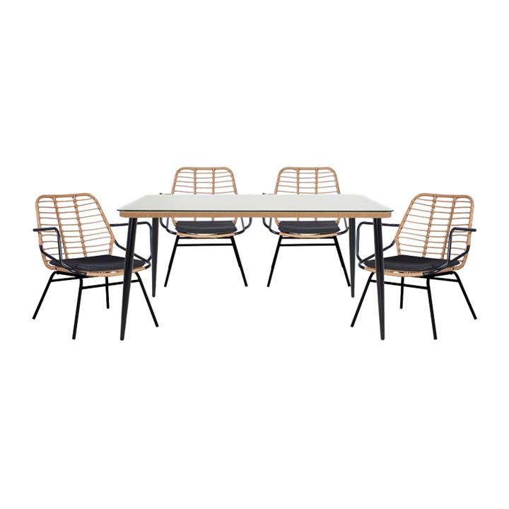 Dining table Naoki A pakoworld set of 5 natural rattan-black metal-glass 160x90x78cm