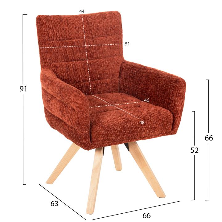 DINING ARMCHAIR GAZER HM9845.06 REDDISH BROWN FABRIC-RUBBERWOOD LEGS 66x63x91Hcm.