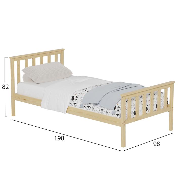 BED GIMLY HM675.01 SOLID PINE WOOD IN NATURAL FOR MATTRESS 190x90cm.