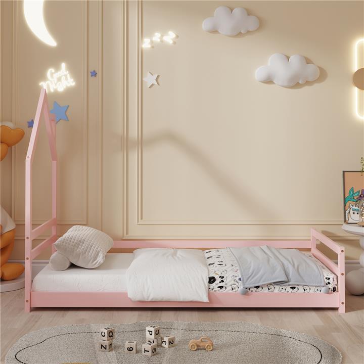 BED FOR KIDS HOUSER HM676.06 t.MONTESSORI SOLID PINE WOOD IN PINK- 190x90cm.