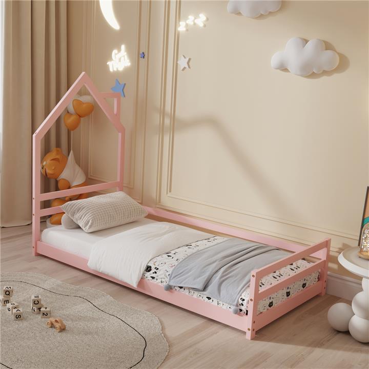 BED FOR KIDS HOUSER HM676.06 t.MONTESSORI SOLID PINE WOOD IN PINK- 190x90cm.