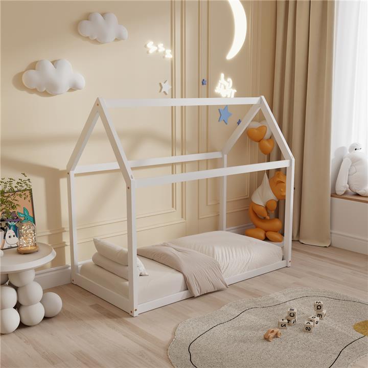 BED FOR KIDS PEPE HM677.03 t.MONTESSORI SOLID PINE WOOD IN WHITE- 190x90cm.