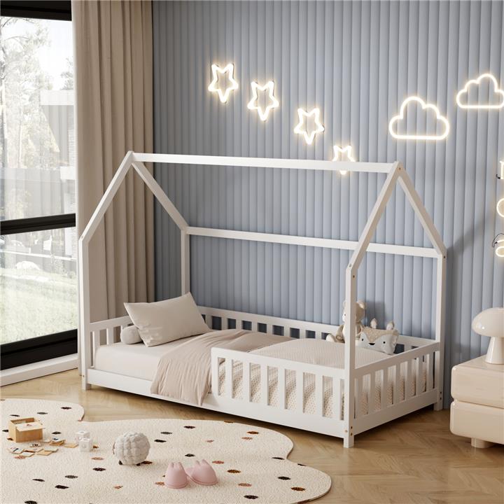 BED FOR KIDS WITH FENCE PHYLLIS HM679.03 t.MONTESSORI SOLID PINE WOOD IN WHITE- 190x90cm.