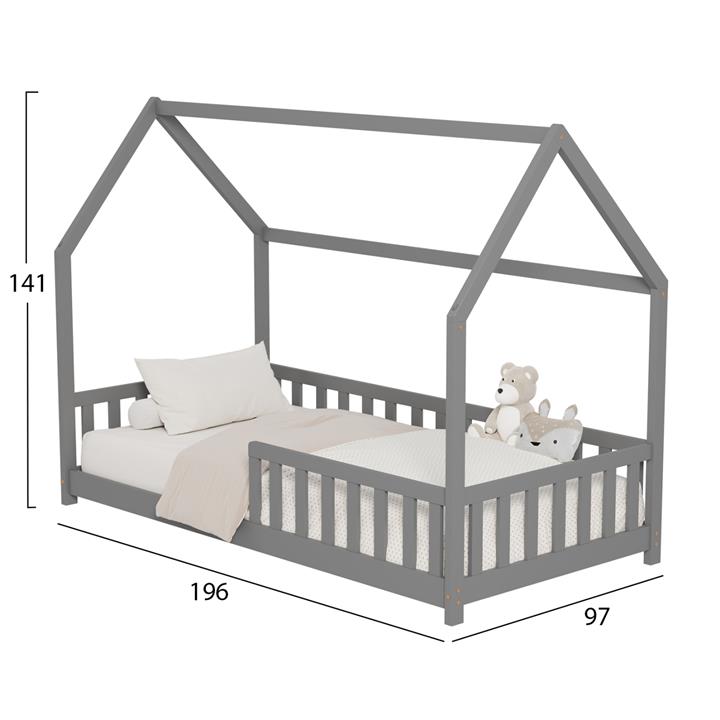BED FOR KIDS WITH FENCE PHYLLIS HM679.05 t.MONTESSORI SOLID PINE WOOD IN GREY- 190x90cm.