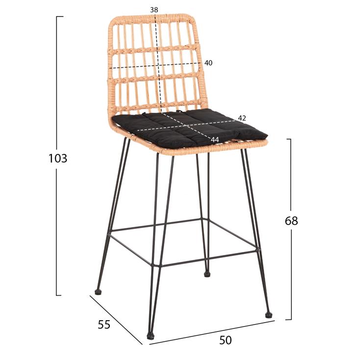 BAR STOOL MED.HEIGHT ALLEGRA HM5643.11 METAL&CUSHION BLACK-WICKER BEIGE 50x55x103Hcm.