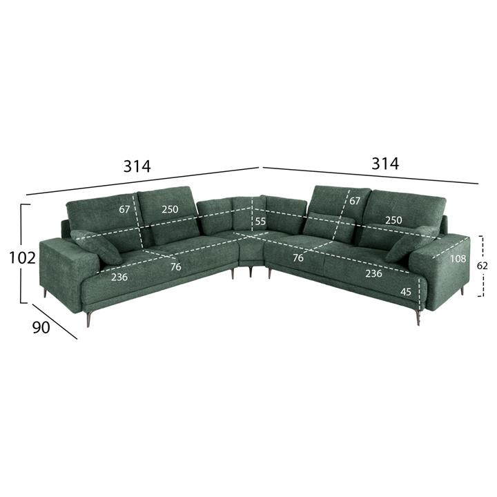 CORNER SOFA SYMMET HM3269.05 GREEN FABRIC-GLOSSY ANTHRACITE LEGS 314x236x90-102Hcm.
